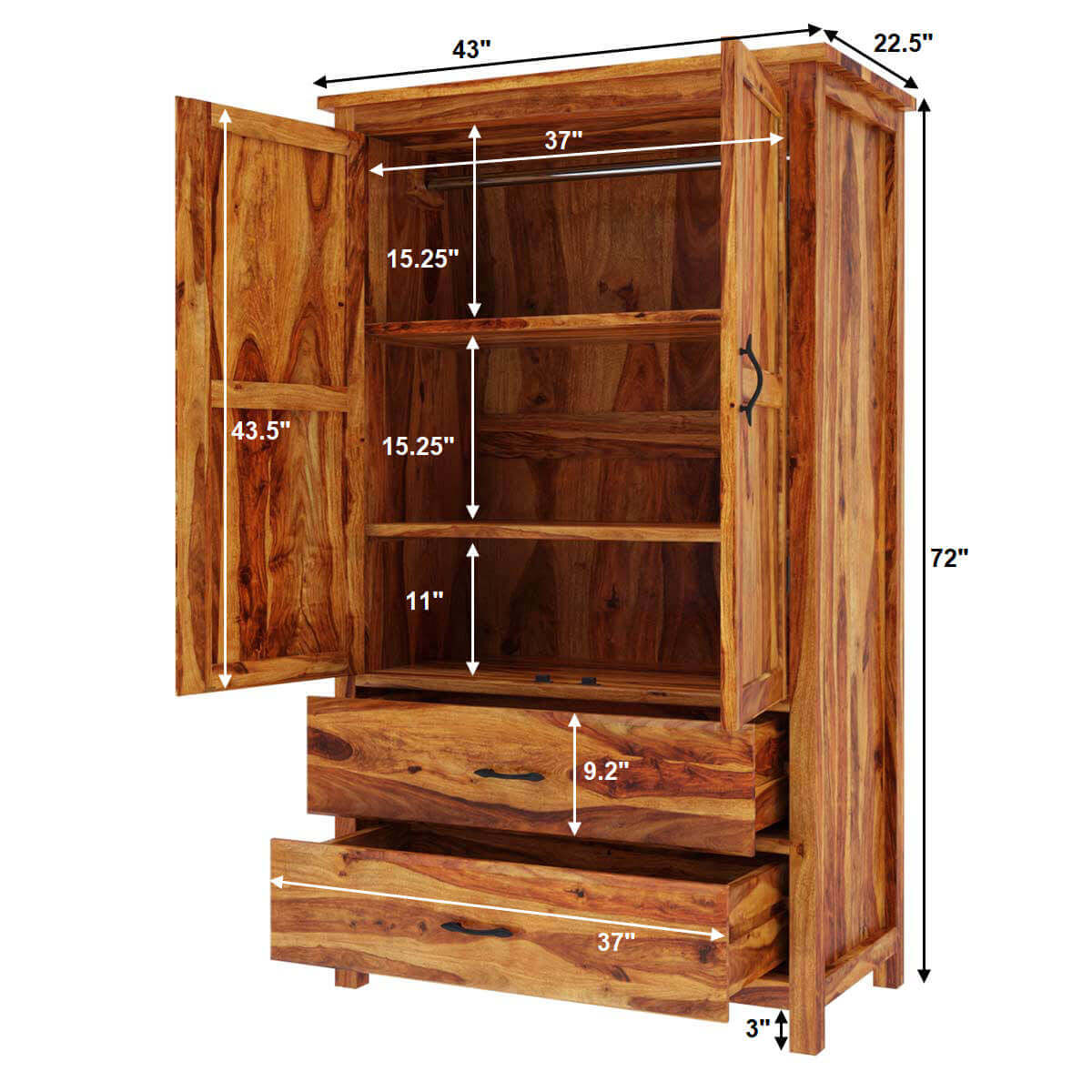 Healdsburg Rustic Solid Wood Large Wardrobe Armoire W Shelves & Drawer