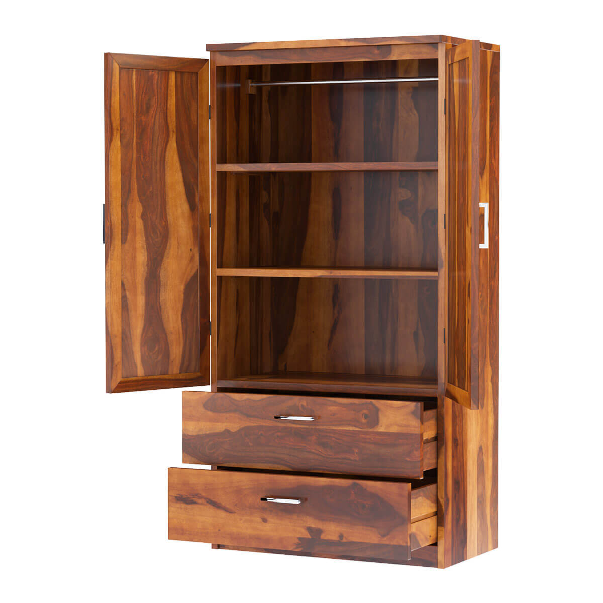 Caspian Rustic Solid Wood Wardrobe Armoire With Shelves And Drawers
