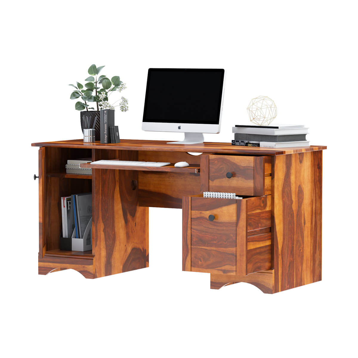 Gisela Solid Wood Computer Desk With Wooden Keyboard Tray