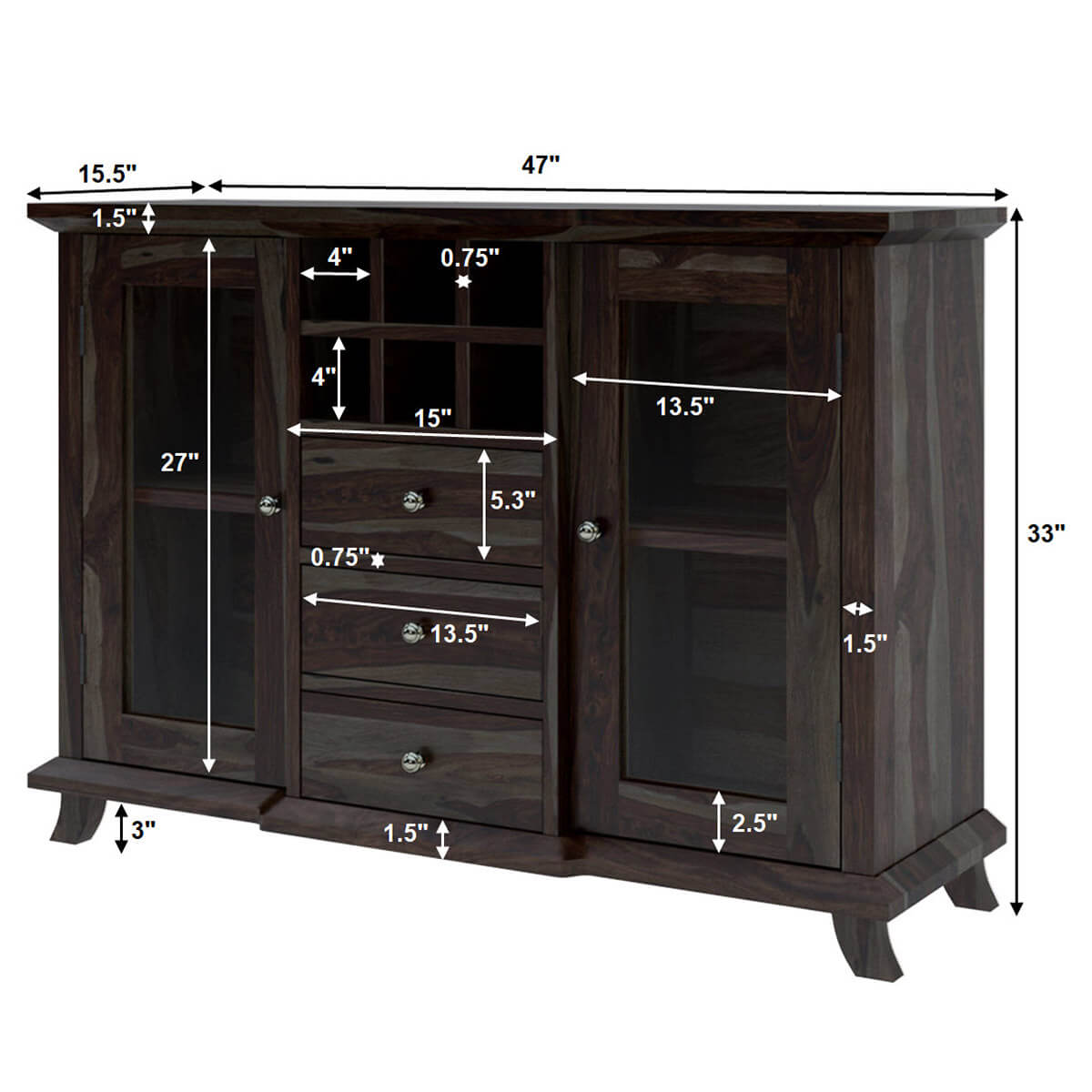 Coleville Solid Wood 3 Drawer Rustic Bar Buffet with Glass Doors