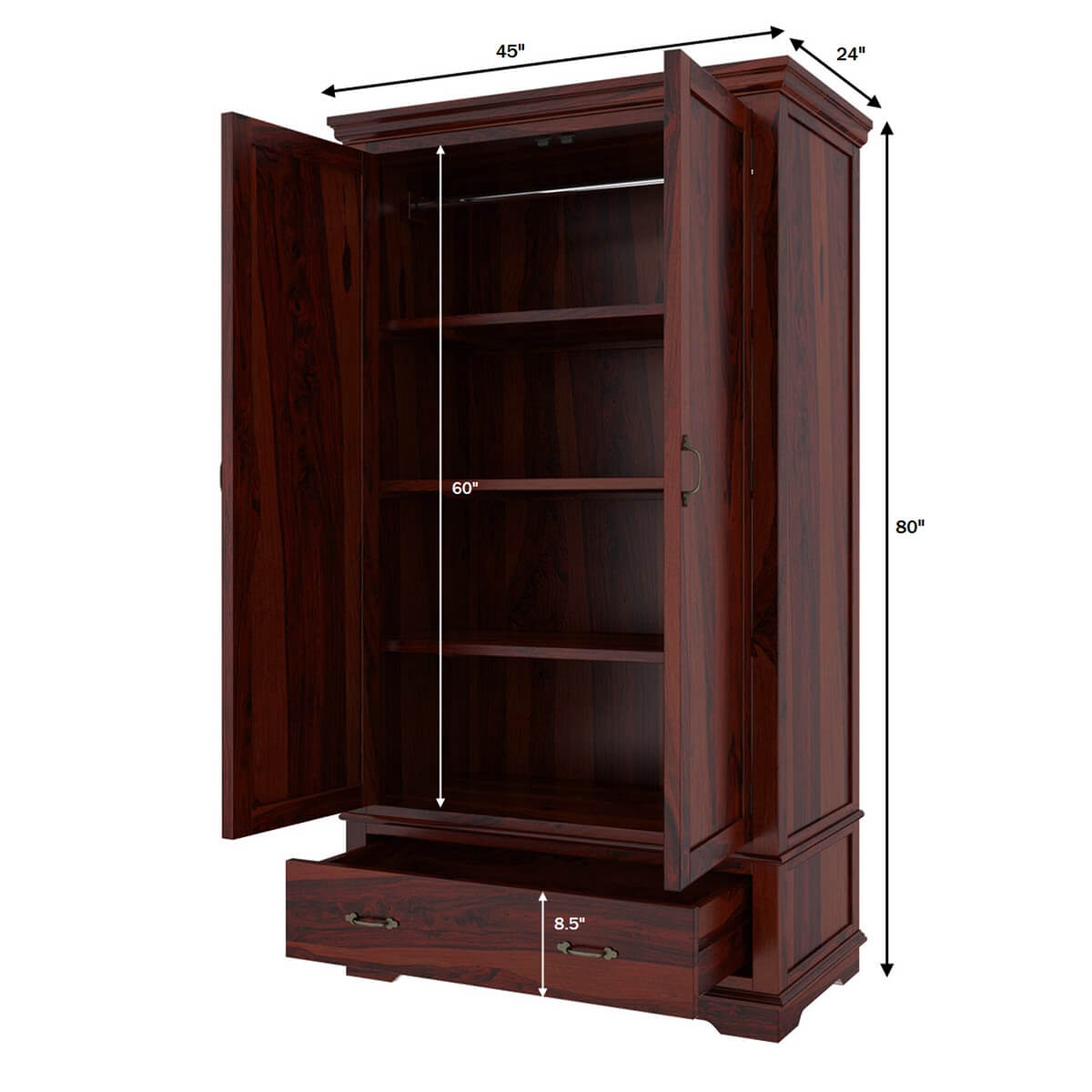 Modesto Rustic Wood Large Wardrobe Armoire With Shelves And Drawer