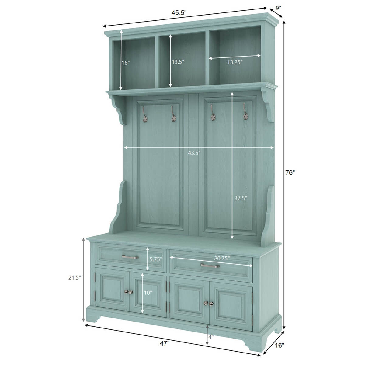 Sabran Solid Wood 2 Drawer Blue Hall Tree Bench with Storage