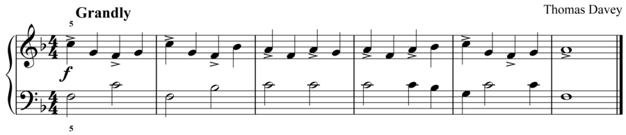 Grade 2 piano sight reading exercise, "Grandly in F Major" by Thomas D. on SightReadingMastery