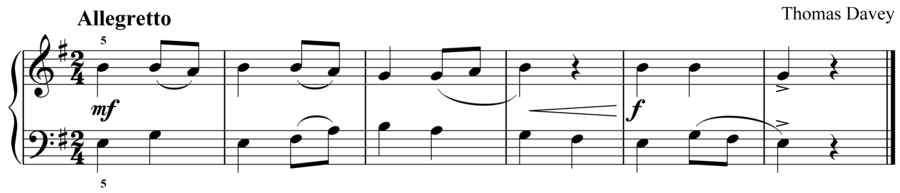 Grade 2 piano sight reading exercise, "Allegretto in E Minor" by Thomas D. on SightReadingMastery