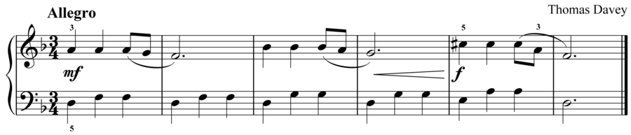 Grade 2 piano sight reading exercise, "Allegro in D Minor" by Thomas D. on SightReadingMastery