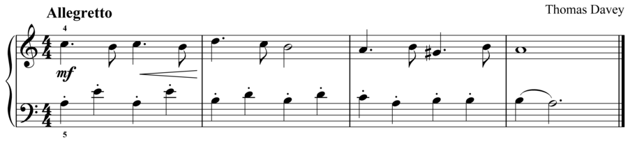 Grade 2 piano sight reading exercise, "Allegretto in A Minor" by Thomas D. on SightReadingMastery