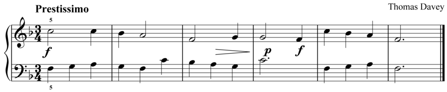 Grade 2 piano sight reading exercise, "Prestissimo in F Major" by Thomas D. on SightReadingMastery