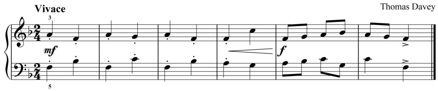 Grade 2 piano sight reading exercise, "Vivace in F Major" by Thomas D. on SightReadingMastery