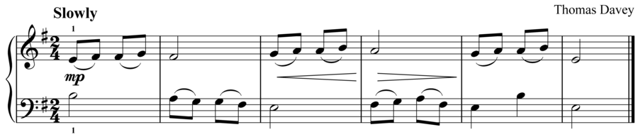 Grade 2 piano sight reading exercise, "Slowly in E Minor" by Thomas D. on SightReadingMastery