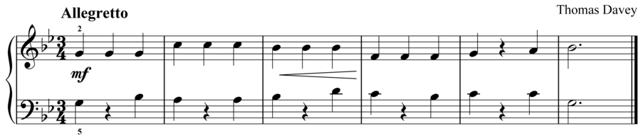 Grade 2 piano sight reading exercise, "Allegretto in G Minor" by Thomas D. on SightReadingMastery