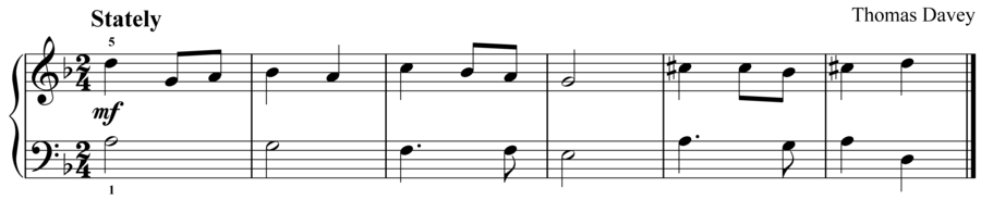 Grade 2 piano sight reading exercise, "Stately in D Minor" by Thomas D. on SightReadingMastery