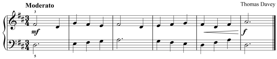 Grade 2 piano sight reading exercise, "Moderato in D Major" by Thomas D. on SightReadingMastery