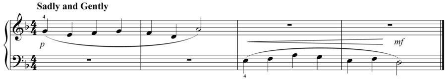 Grade 1 piano sight reading exercise, "Sadly and Gently in D Minor" by Evan M. on SightReadingMastery