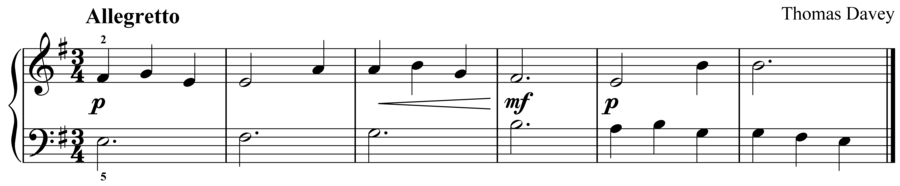 Grade 2 piano sight reading exercise, "Allegretto in E Minor" by Thomas D. on SightReadingMastery