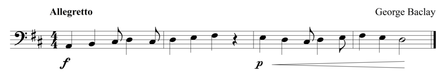 Grade 1 cello sight reading exercise, "Allegretto in D Major" by George B. on SightReadingMastery