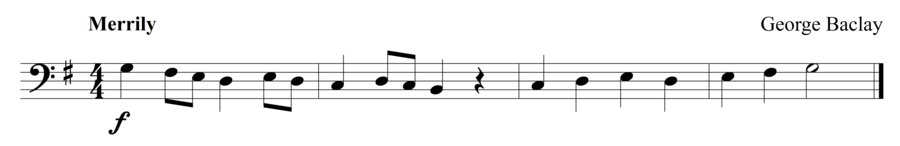 Grade 1 cello sight reading exercise, "Merrily, We Play" by George B. on SightReadingMastery