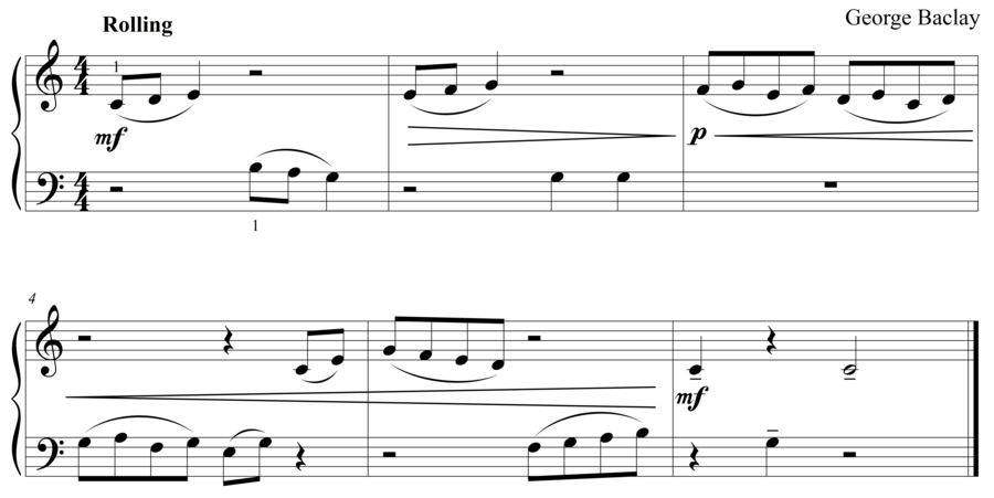 Grade 1 piano sight reading exercise, "Rolling in C Major" by George B. on SightReadingMastery