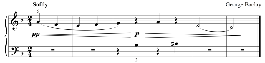 Grade 1 piano sight reading exercise, "Softly in D Minor" by George B. on SightReadingMastery