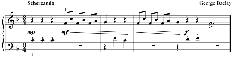 Grade 1 piano sight reading exercise, "Scherzando in F Major" by George B. on SightReadingMastery