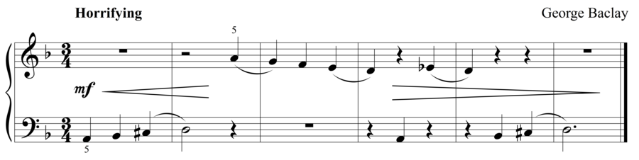 Grade 1 piano sight reading exercise, "Horrifying in D Minor" by George B. on SightReadingMastery