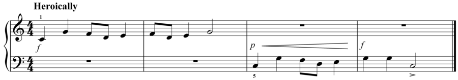 Grade 1 piano sight reading exercise, "Heroically in C Major" by Evan M. on SightReadingMastery