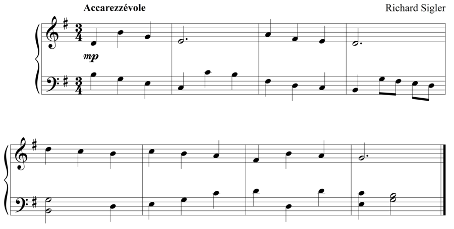 Grade 3 piano sight reading exercise, "Accarezzévole in G Major" by Richard S. on SightReadingMastery