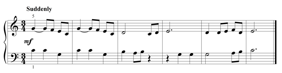 Grade 2 piano sight reading exercise, "Suddenly in C Major" by Steven K. on SightReadingMastery
