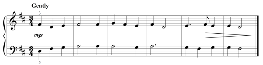 Grade 2 piano sight reading exercise, "Gently in D Major" by Steven K. on SightReadingMastery