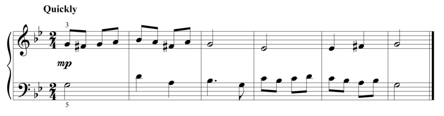 Grade 2 piano sight reading exercise, "Quickly in G Minor" by Steven K. on SightReadingMastery