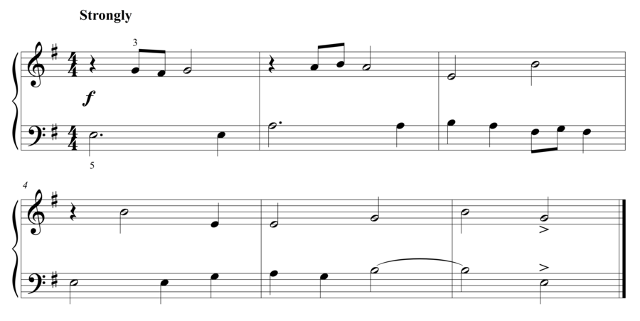 Grade 2 piano sight reading exercise, "Strongly in E minor" by Steven K. on SightReadingMastery