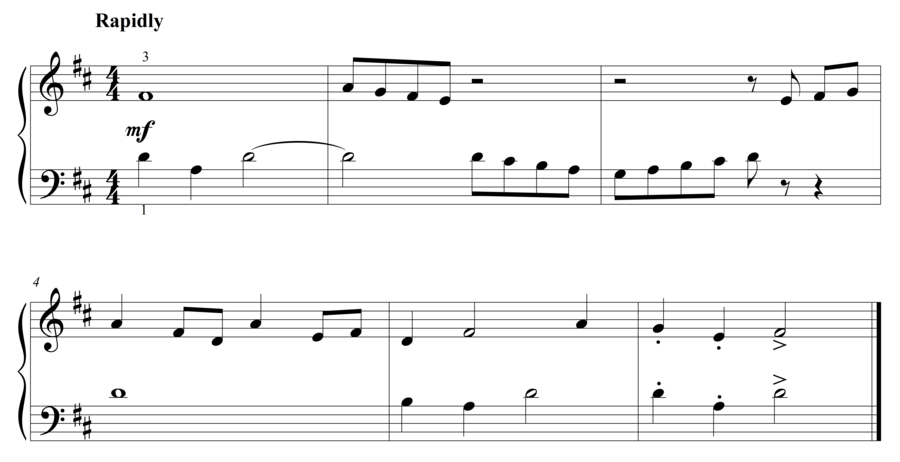 Grade 2 piano sight reading exercise, "Tosto in D Major" by Steven K. on SightReadingMastery