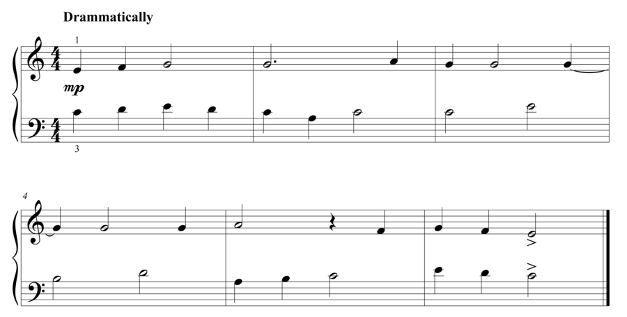 Grade 2 piano sight reading exercise, "Drammatico in C Major" by Steven K. on SightReadingMastery