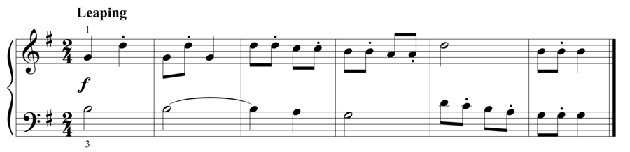 Grade 2 piano sight reading exercise, "Leaping in G Major" by Steven K. on SightReadingMastery