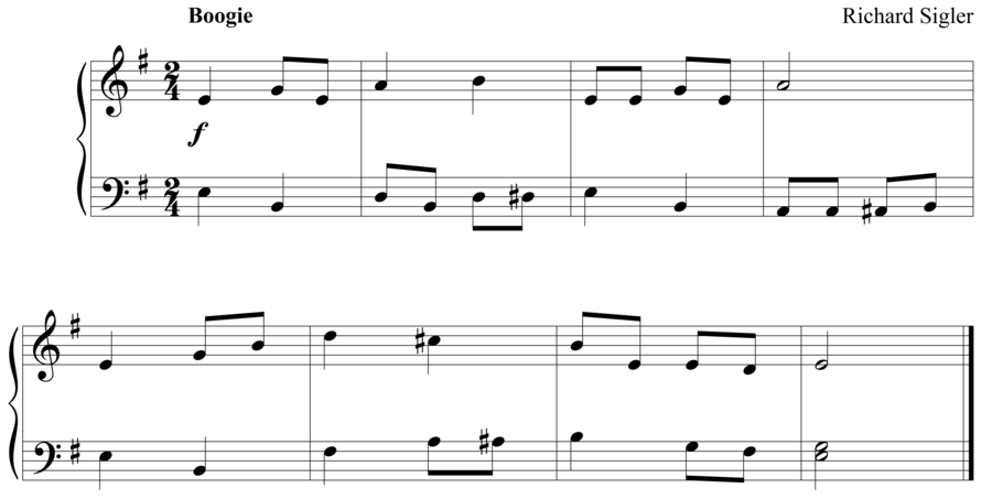 Grade 3 piano sight reading exercise, "Boogie in E Minor" by Richard S. on SightReadingMastery
