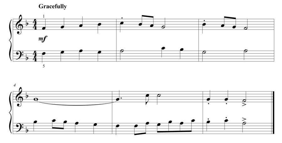 Grade 2 piano sight reading exercise, "Grazioso in F Major" by Steven K. on SightReadingMastery