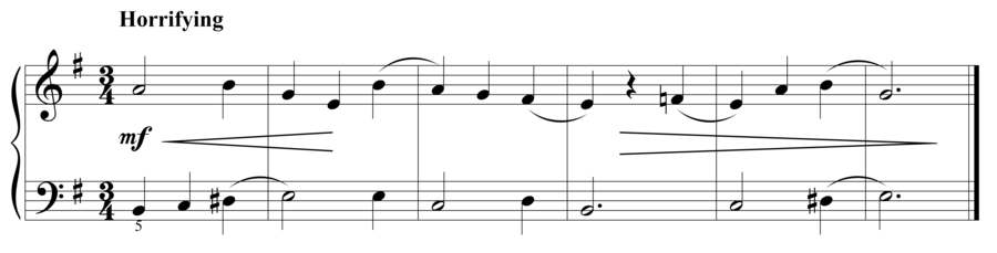 Grade 2 piano sight reading exercise, "Horrifying in E Minor" by Steven K. on SightReadingMastery