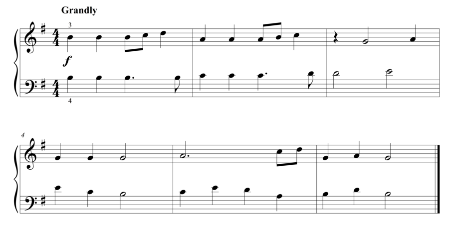 Grade 2 piano sight reading exercise, "Grandly in G Major" by Steven K. on SightReadingMastery