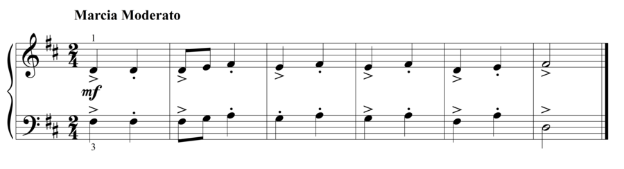 Grade 2 piano sight reading exercise, "Marcia Moderato in D Major" by Steven K. on SightReadingMastery