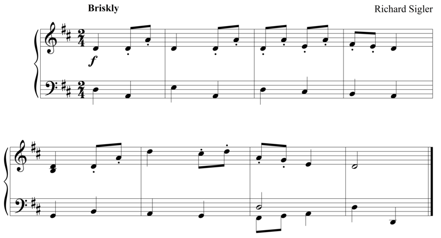 Grade 3 piano sight reading exercise, "Briskly in D Major" by Richard S. on SightReadingMastery