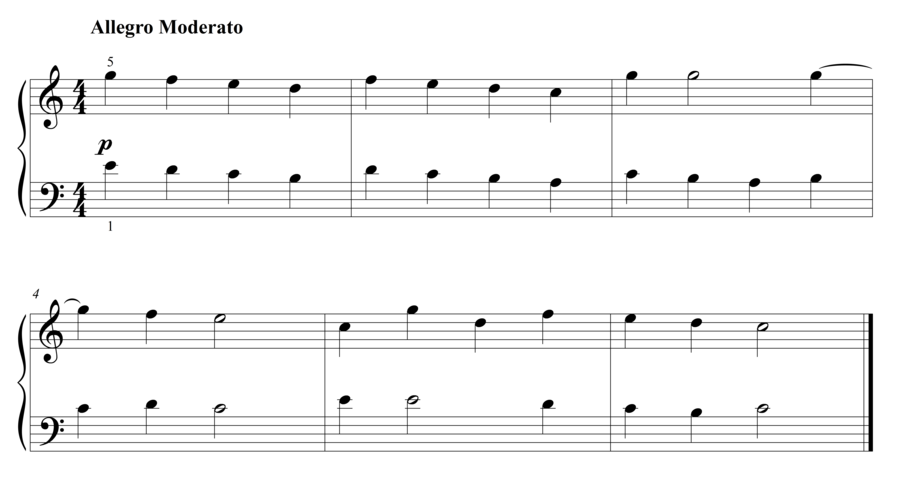Grade 2 piano sight reading exercise, "Allegro Moderato in C Major" by Steven K. on SightReadingMastery