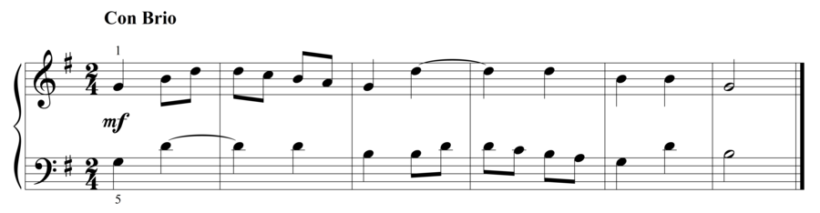 Grade 2 piano sight reading exercise, "Con Brio in G Major" by Steven K. on SightReadingMastery
