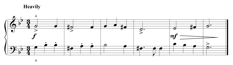 Grade 2 piano sight reading exercise, "Heavily in G Minor" by Steven K. on SightReadingMastery