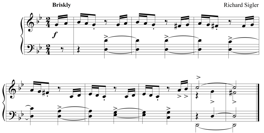 Grade 3 piano sight reading exercise, "Briskly in G Minor" by Richard S. on SightReadingMastery
