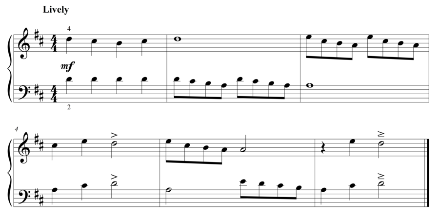 Grade 2 piano sight reading exercise, "Lively in D Major" by Steven K. on SightReadingMastery