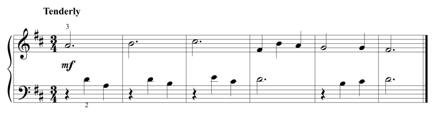 Grade 2 piano sight reading exercise, "Tenderly in D Major" by Steven K. on SightReadingMastery