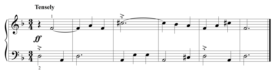 Grade 2 piano sight reading exercise, "Tensely in D Minor" by Steven K. on SightReadingMastery