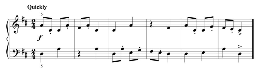 Grade 2 piano sight reading exercise, "Quickly in D Major" by Steven K. on SightReadingMastery