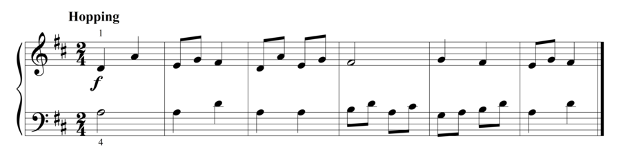 Grade 2 piano sight reading exercise, "Hopping in D Major" by Steven K. on SightReadingMastery