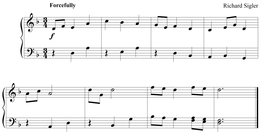 Grade 3 piano sight reading exercise, "Forcefully in D Minor" by Richard S. on SightReadingMastery