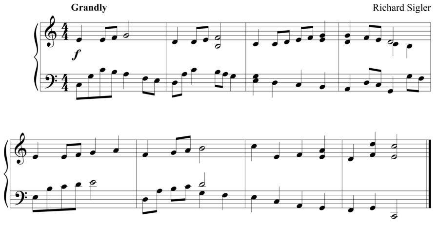 Grade 3 piano sight reading exercise, "Grandly in C Major" by Richard S. on SightReadingMastery